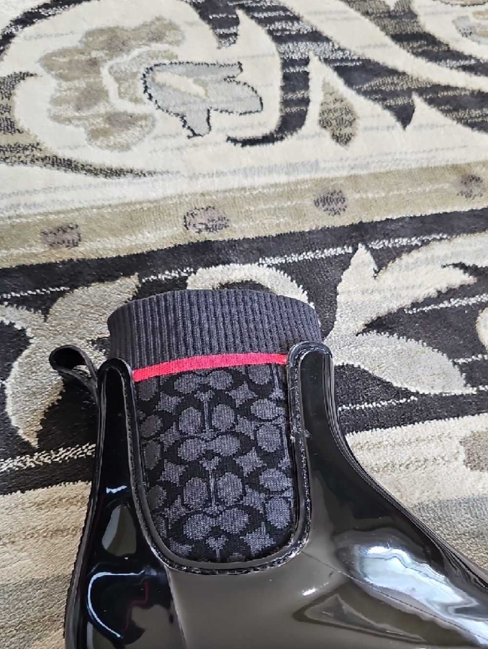 Coach Black Patent Rain Ankle Boots with Gray Monogram and Pink Accent - Picture 7 of 10